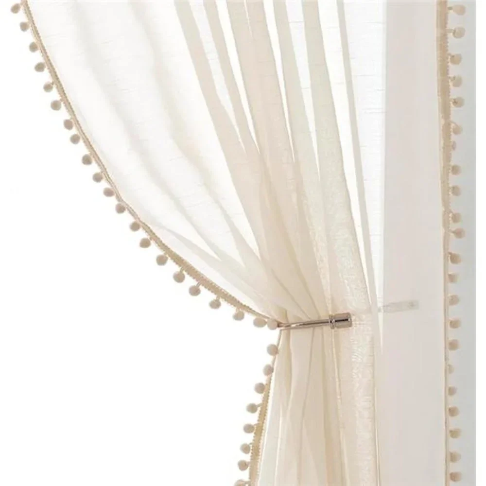 Pompom Linen Sheer Curtains for Living Room 84inches Long Decorative Natural - Picture 7 of 7